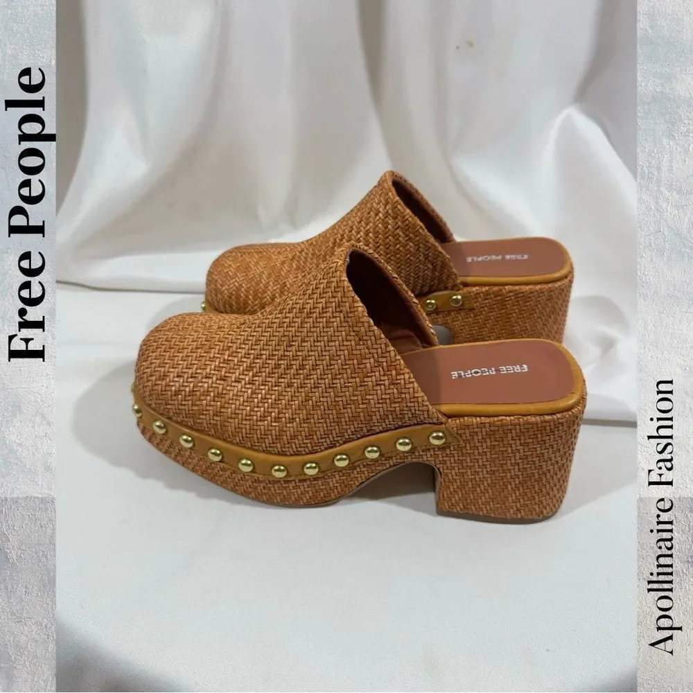 Free People Rori Brown Woven Clogs with Gold Accents Size 40 New